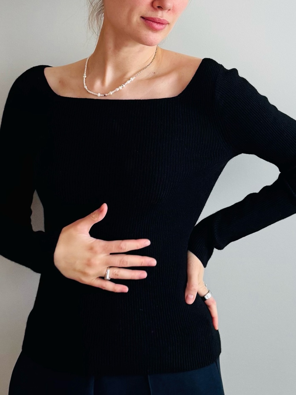 &OtherStories Wool Black Ribbed Square Neck Top
